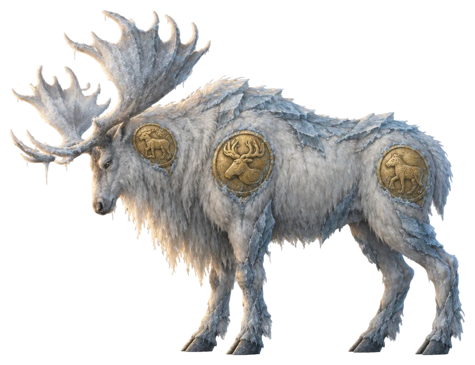 The Ice Elk, rusa raksasa berbulu es dengan tiga plakat emas di leher, bahu, dan panggul