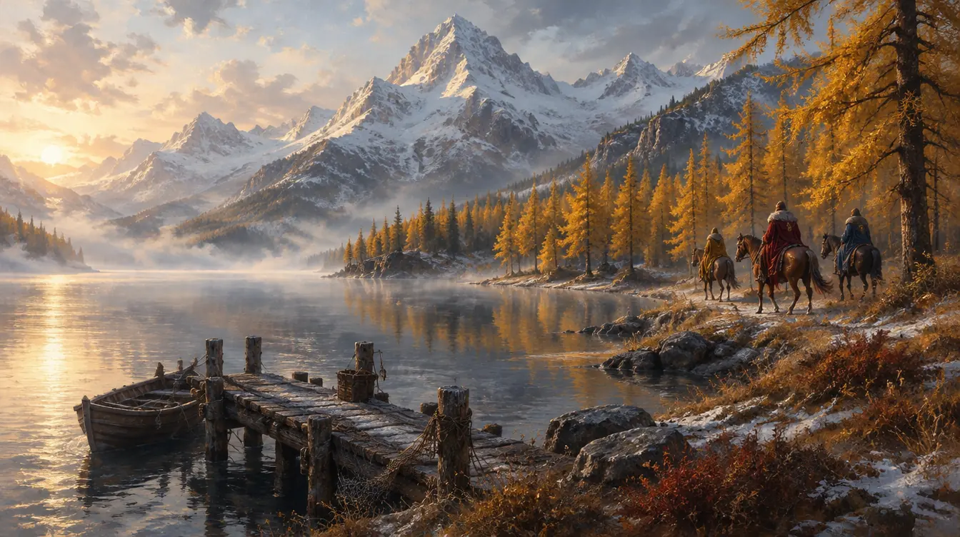 Danau berkabut dikelilingi hutan larch emas, dermaga kayu tua dan perahu kecil